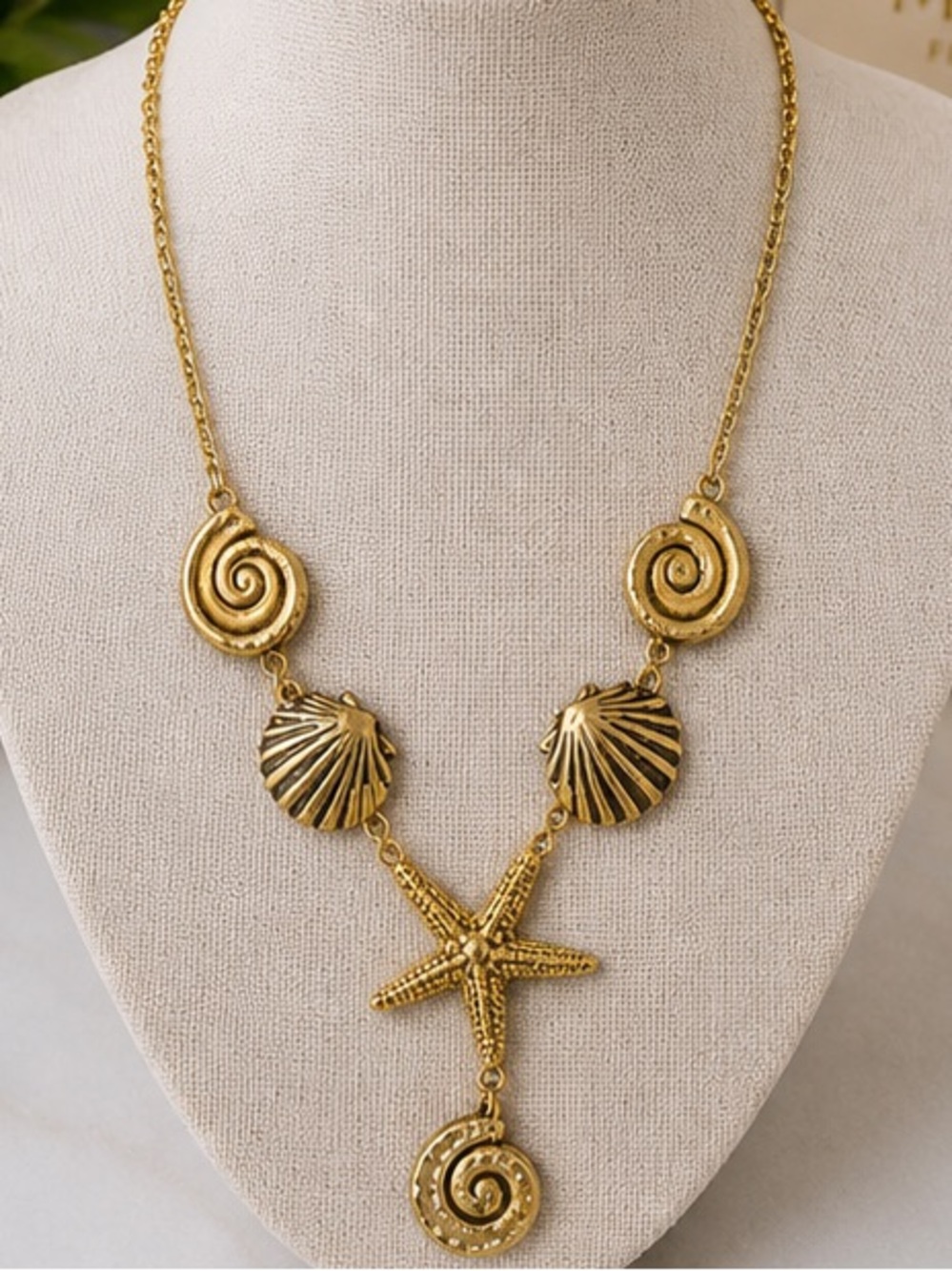 Gold-Tone Ocean Charm Necklace - Starfish & Shell Pendant